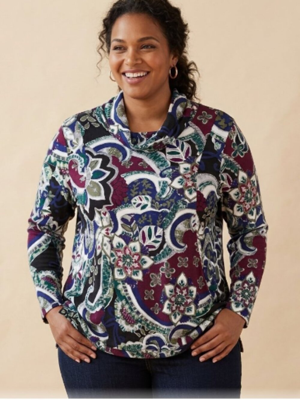 Chico's Paisley Cowl Neck Long Sleeve Top Size 3 XL Burgundy Blue Boho